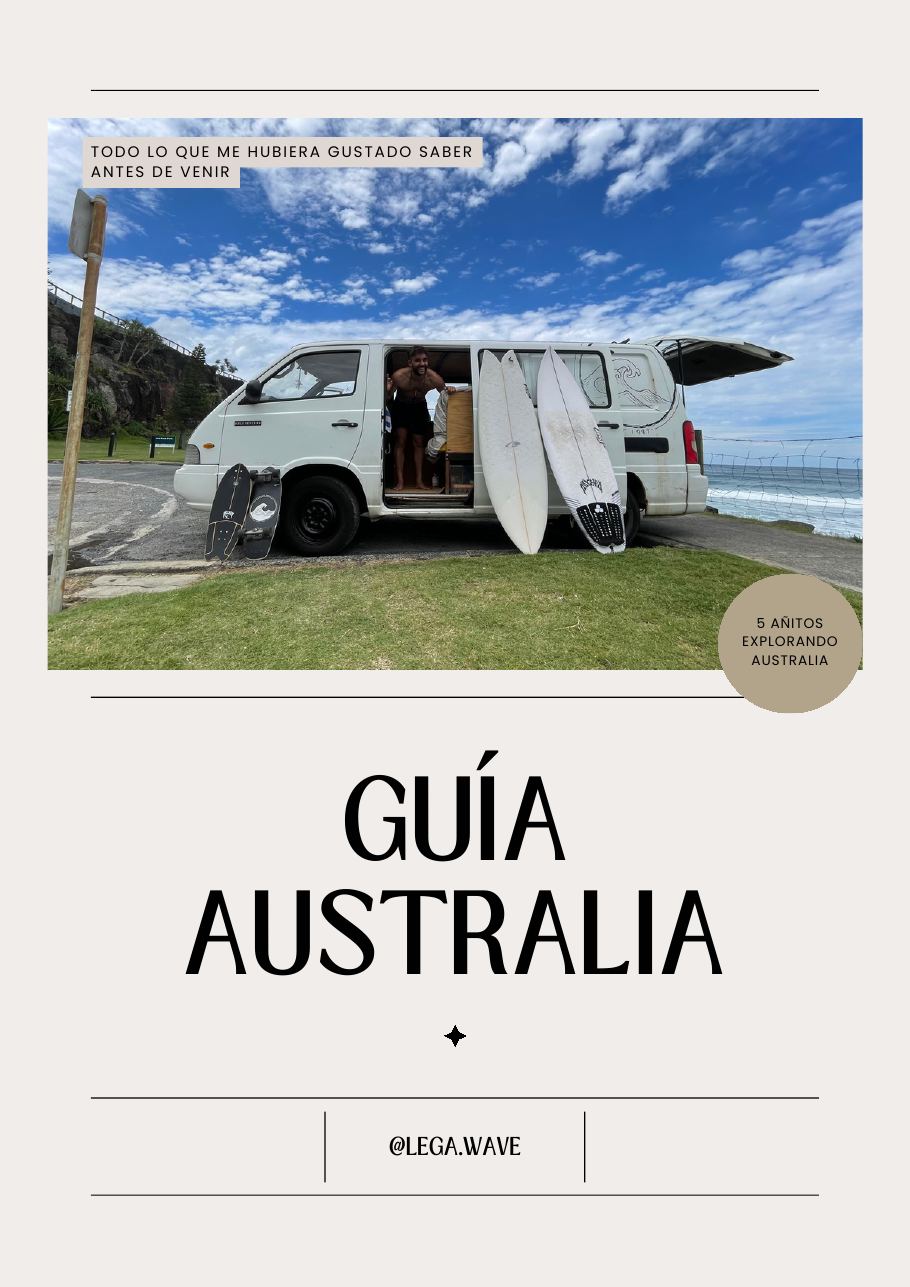 Portada de la Guía Australia de @lega.wave: una furgoneta con tablas de surf frente al mar